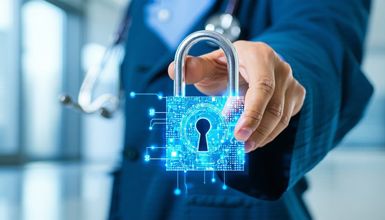 A healthcare professional locking a digital padloc