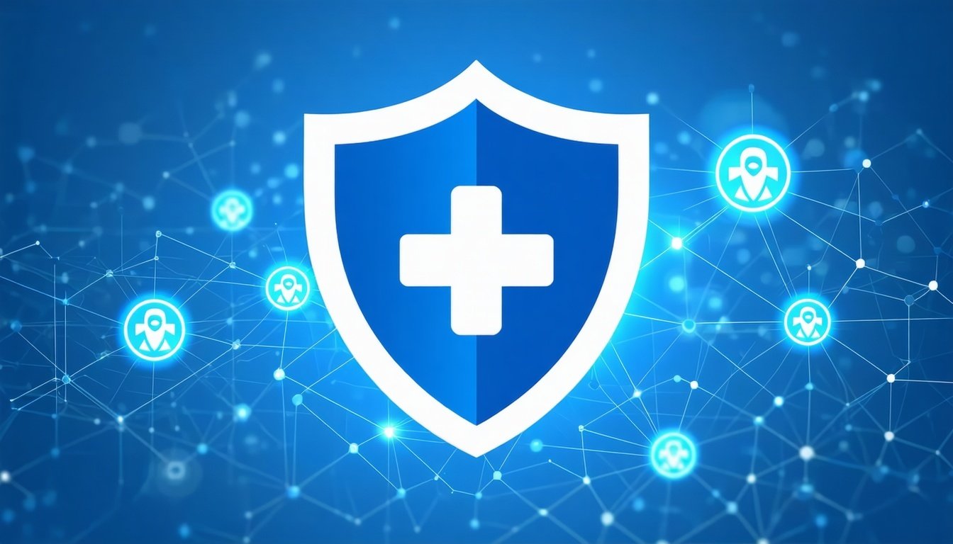 A shield icon overlaying a healthcare network, sym